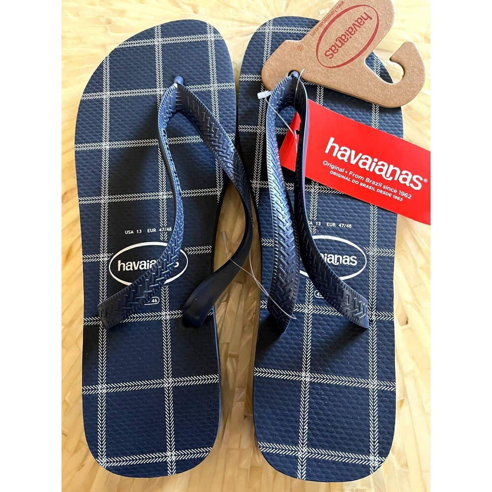 Havaianas Flip Flops 13 NWT Thong Sandals Blue Plaid Logo Shoes Surfer Slippers